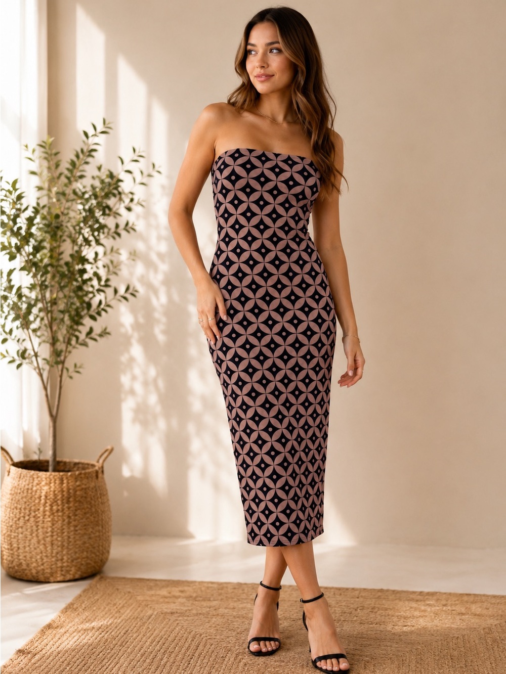 Black/Bead Strapless Geometric Print Midi Bodycon Dress Size S